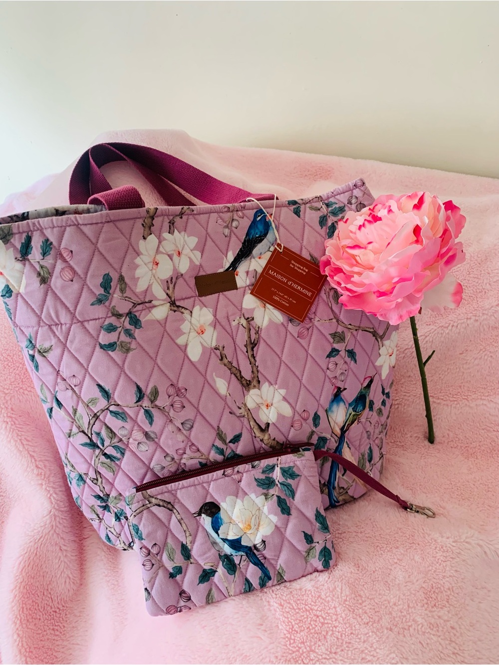 Maison d’ Hermine Purple Osaka Bird Cotton Quilted Tote Bag Floral Bird
